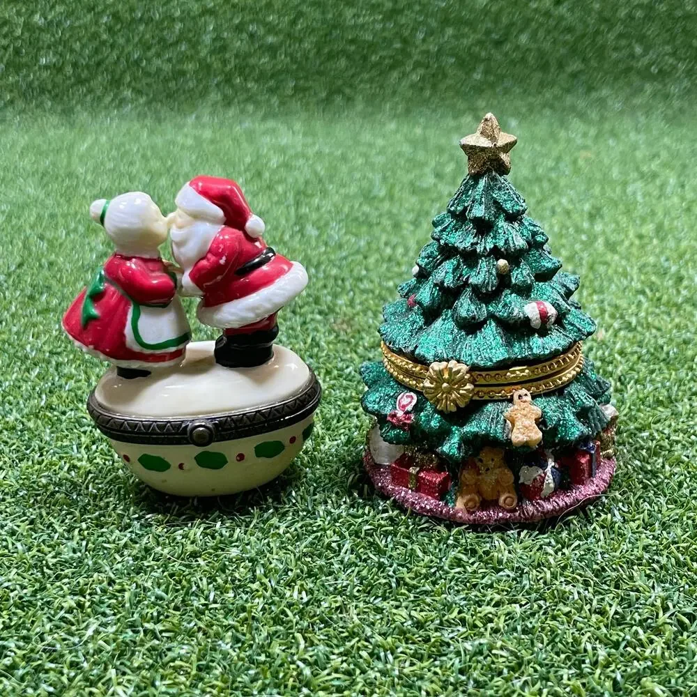Vintage Lot Decorative Hinged Santa Christmas Tree Tabletop Trinket Box